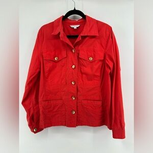 CAbi Taylor Lobster Ruffle Back Button Down Jacket Coquette Military Utility L